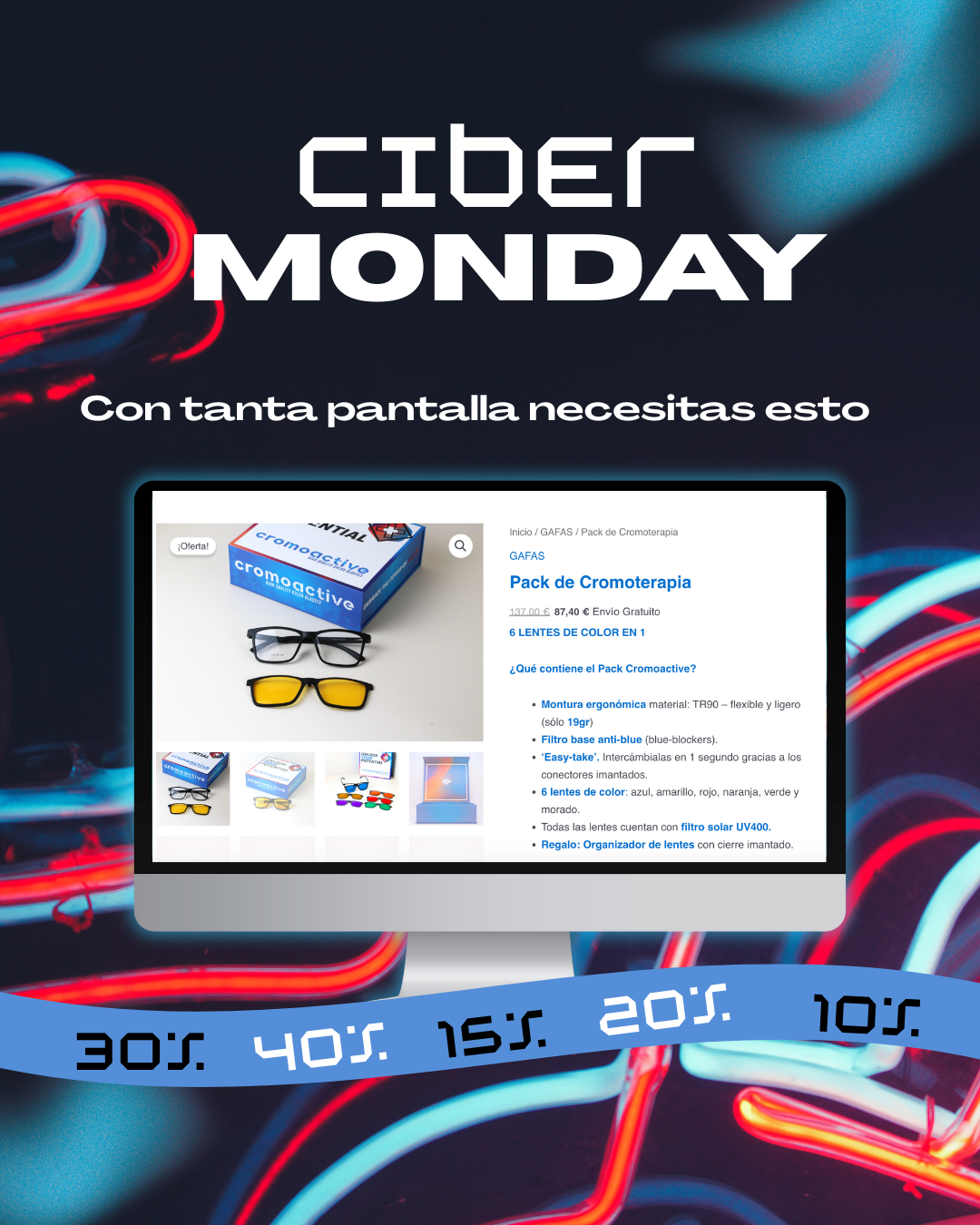 6 Lentes imantadas ANTI-LUZ AZUL